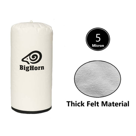 BigHorn air filter with 5 micron marking and thick felt material text on a white background
