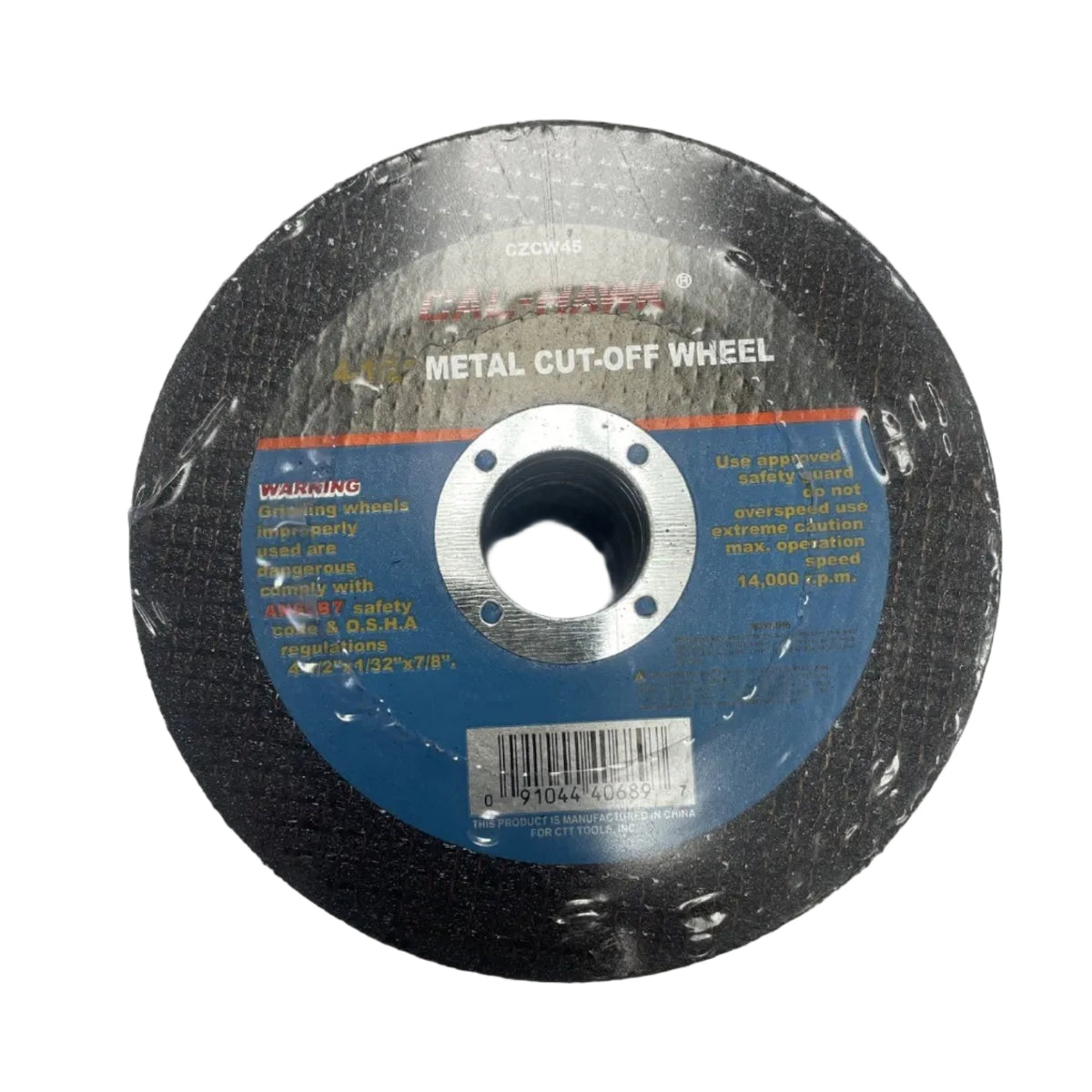 A circular black metal cut-off wheel with a blue and white label in the center, photographed on a plain light background.