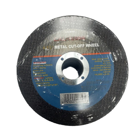 A circular black metal cut-off wheel with a blue and white label in the center, photographed on a plain light background.