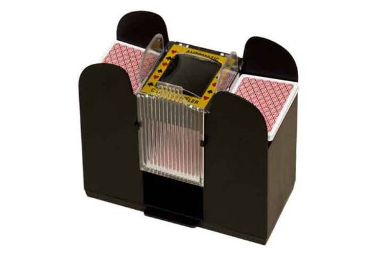 Card shuffler with red playing cards on a white background