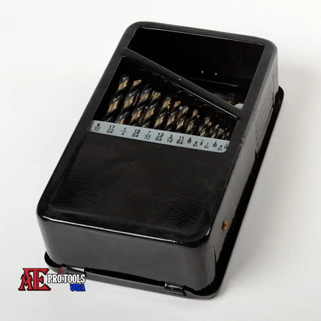 Black drill bit set organizer with drill bits on a white background, featuring ATE Protocols USA logo.