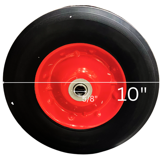 Black wheel with a red center and measurements labeled on a white background