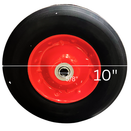 Black wheel with a red center and measurements labeled on a white background