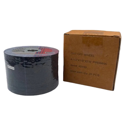A roll of black cut-off wheel tape next to its brown cardboard packaging box on a light gray background.