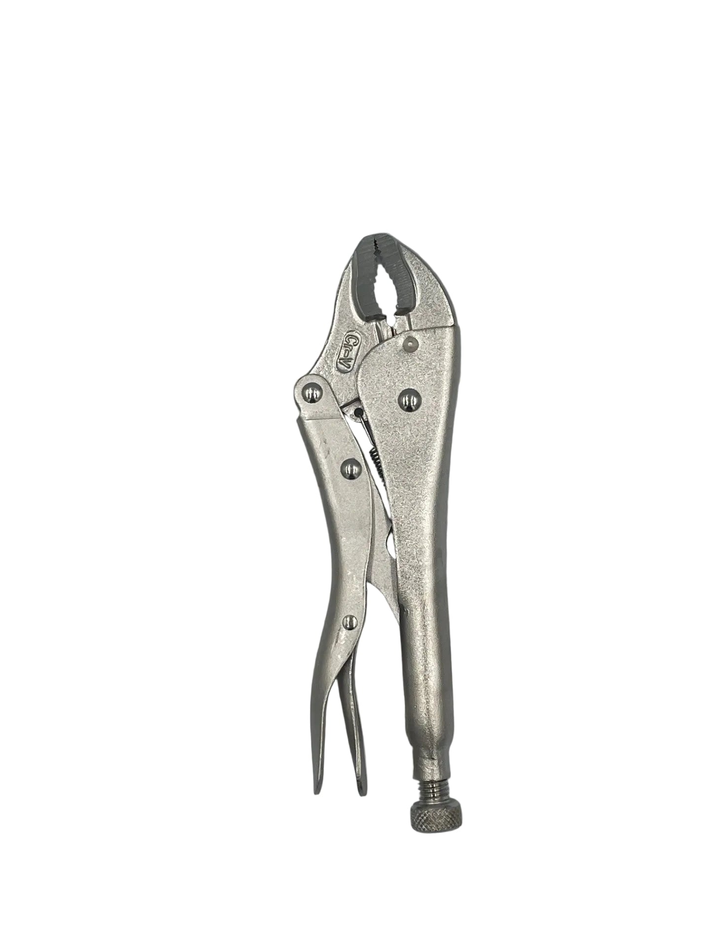 A pair of locking pliers with a metallic silver finish, shown against a plain light gray background.