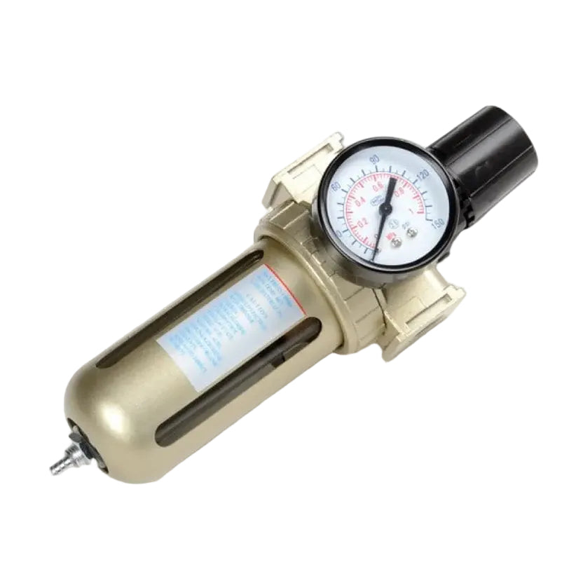 An industrial air filter regulator with a metallic beige body, a black adjustment cap, and a white pressure gauge, shown on a white background.
