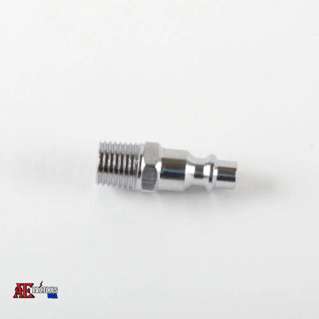 A small metallic silver threaded connector fitting on a plain white background, with a small red and blue logo watermark in the bottom-left corner.