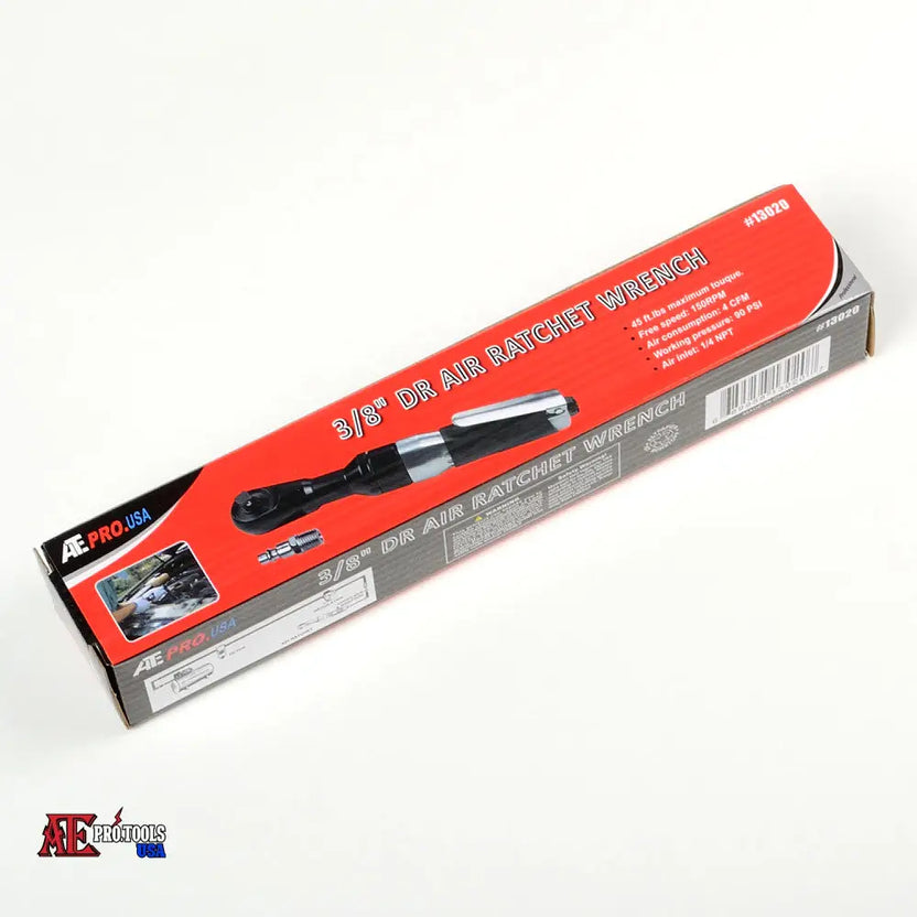 A boxed 3/8" DR Air Ratchet Wrench by AC Products, shown in its retail packaging on a plain white background.