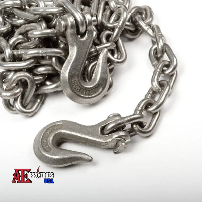 Metal chain with hooks on a white background, featuring ATE Protocols logo.