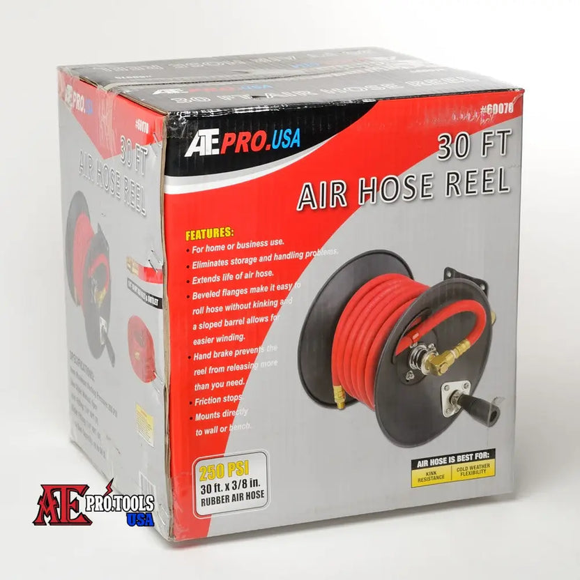 Box of AE Pro USA 30 ft air hose reel on a white background
