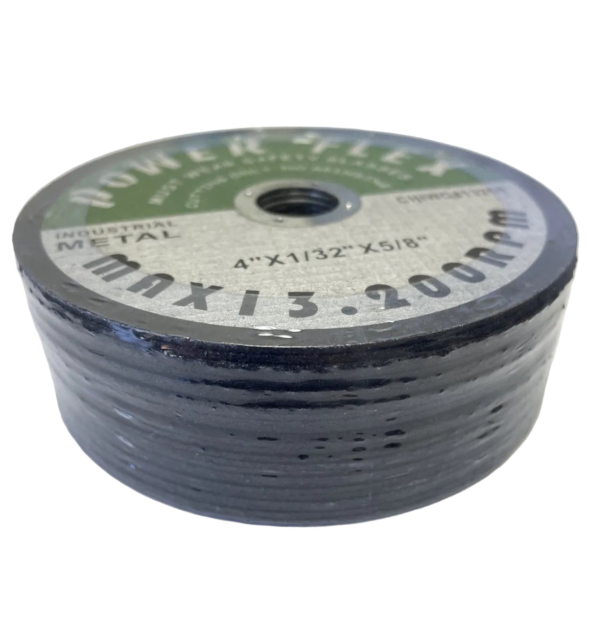 A stack of Power Flex industrial metal cutting discs, specifically a 4" x 1/32" x 5/8" max 13.200 RPM disc, wrapped in protective plastic on a white sheet of paper.
