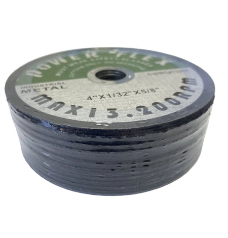A stack of Power Flex industrial metal cutting discs, specifically a 4" x 1/32" x 5/8" max 13.200 RPM disc, wrapped in protective plastic on a white sheet of paper.