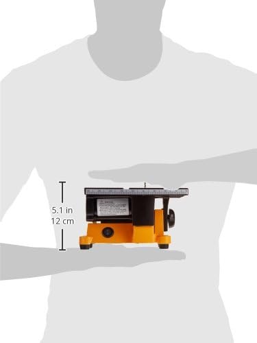 A small orange and black table saw shown on a gray human silhouette with a height measurement label reading 5.1 in (12 cm) beside it, indicating the product's height.