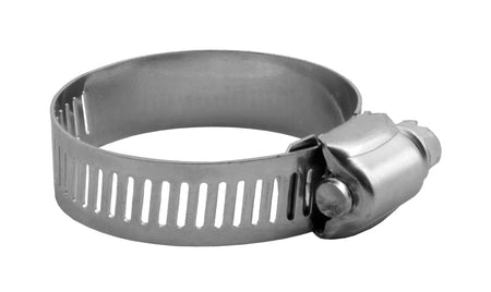 A stainless steel hose clamp with a slotted band and a thumbscrew closure, shown on a plain white background.