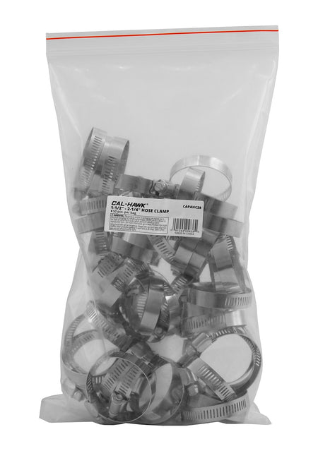 A clear plastic zip-top bag filled with multiple silver metal hose clamps, with a white product label visible near the top center. The background is plain white.