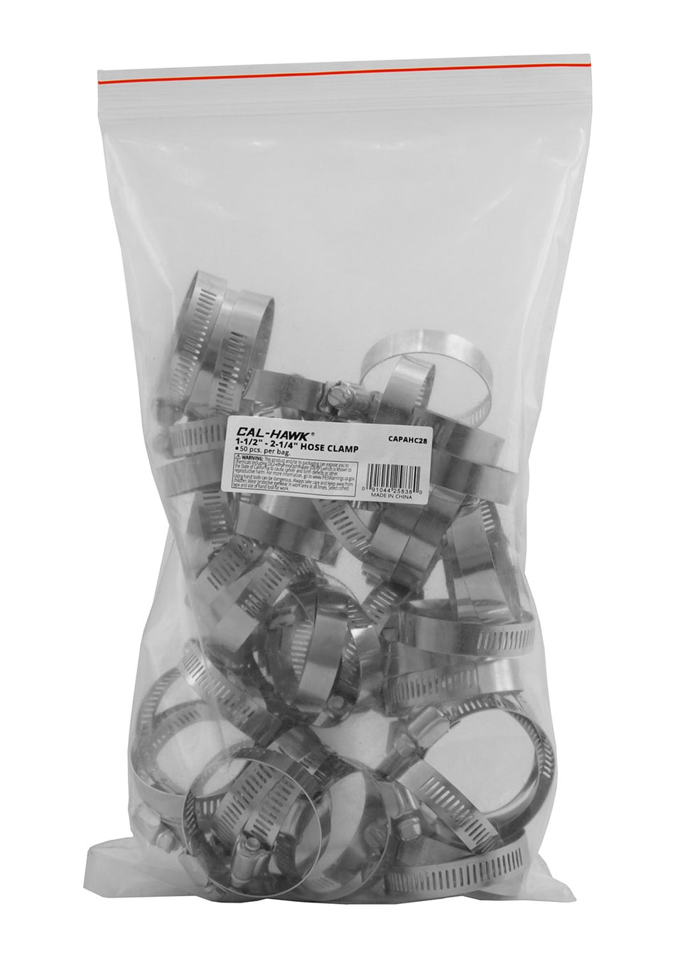 A clear plastic zip-top bag filled with multiple silver metal hose clamps, with a white product label visible near the top center. The background is plain white.