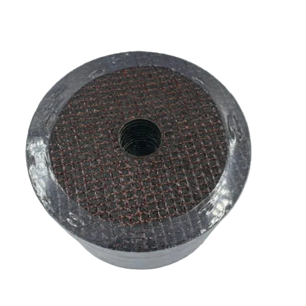 A cylindrical metal filter element with a threaded center hole, featuring a dark mesh screen on one side and a shiny silver metallic surface on the other, wrapped in protective plastic.