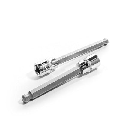Two metallic drill bits on a white background