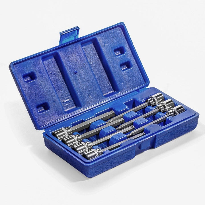 Set of socket wrenches in a blue case on a white background