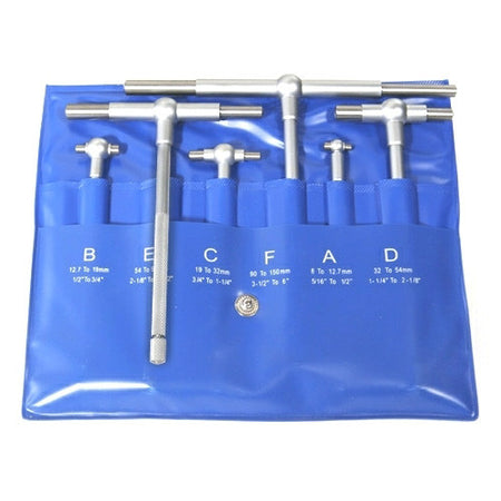 A set of silver metal socket wrenches and socket tools arranged in a blue zippered carrying pouch with size labels B, E, C, F, A, D on a white background.