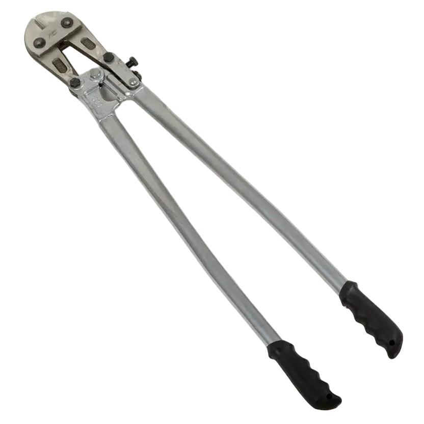 Large bolt cutter hand tool with long silver metal handles and black rubber grips, shown open on a white background. An A&E Protocols USA logo appears in the lower-left corner.