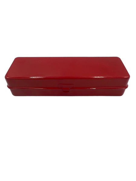 A glossy red rectangular metal case with a hinged lid and small front clasp, photographed on a plain light gray to white studio background.