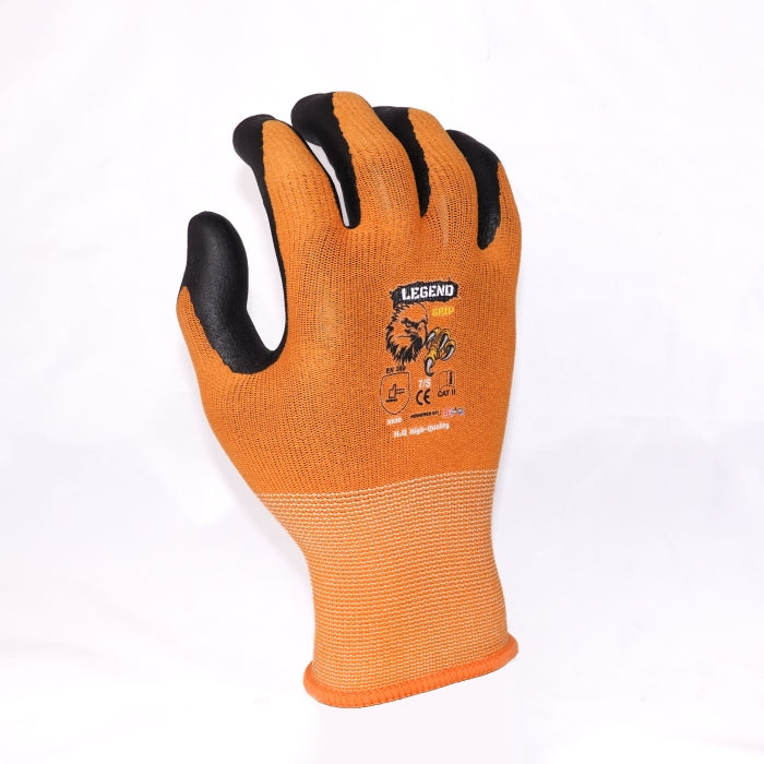 LEGEND GRIP FOAM NITRILE PALM COATED GLOVES - ORANGE - DOZEN