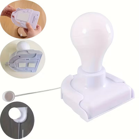 White plastic door stopper with a round ball-shaped top and a small metal pull cord, shown on a white background with four circular inset images demonstrating use and installation.