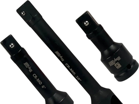 Three black tool sockets with branding on a white background