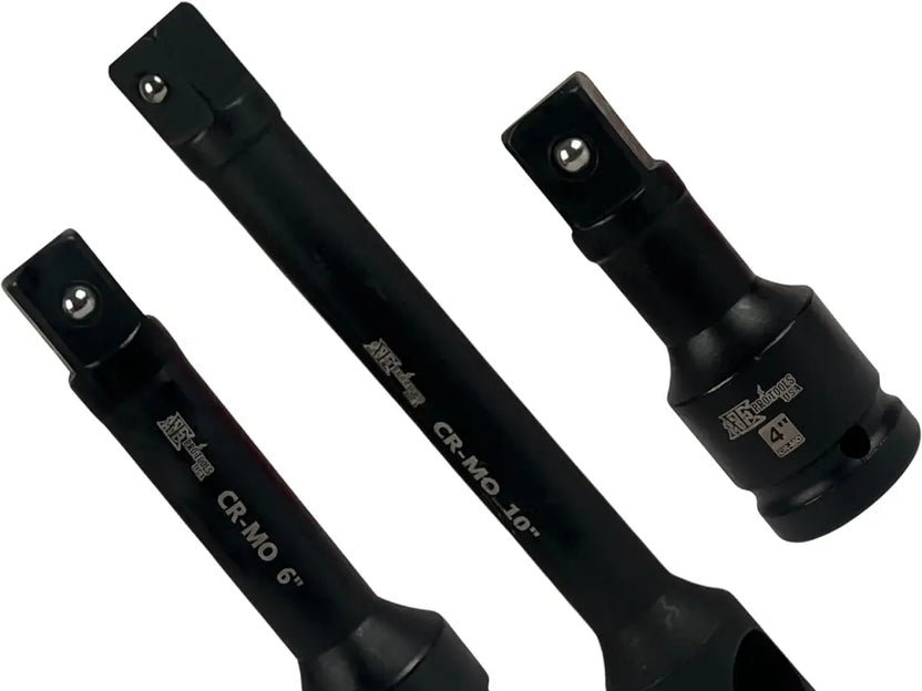 Three black tool sockets with branding on a white background