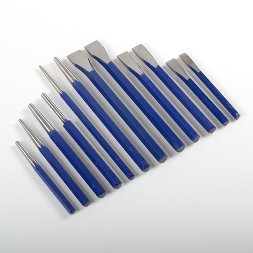 Set of metal tools with blue handles on a white background