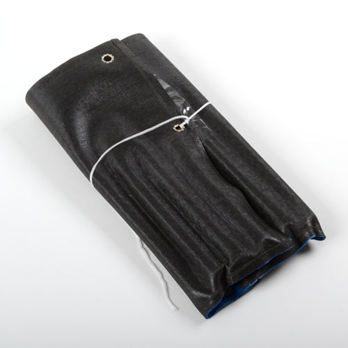 A black textured fabric or leather-like pouch with a white elastic band and metal grommets, photographed on a plain white background.