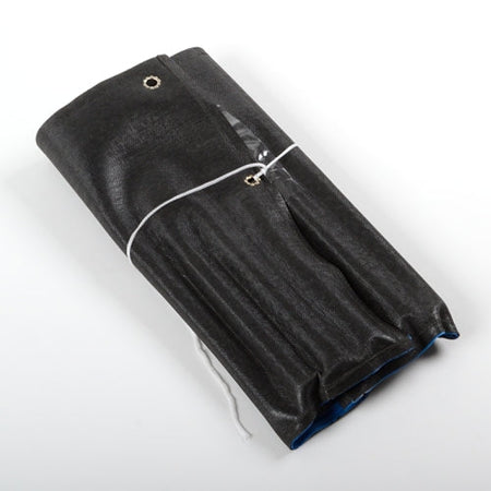 A black textured fabric or leather-like pouch with a white elastic band and metal grommets, photographed on a plain white background.