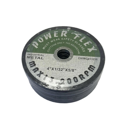 A spool of Powerflex industrial metal glass cutter wear material, 4 inches by 1.32 inches, wrapped in clear plastic with a green and silver label, resting on a white sheet of paper.