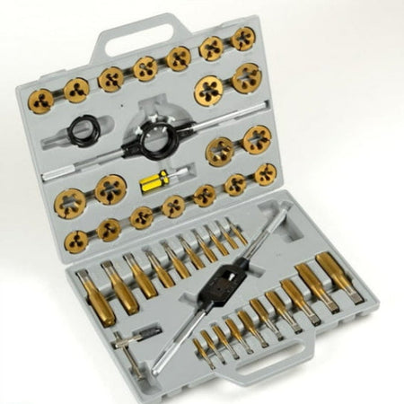 Thread tapping and die set in a plastic case on a white background