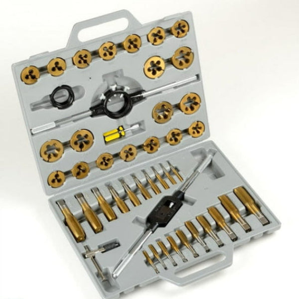 Thread tapping and die set in a plastic case on a white background