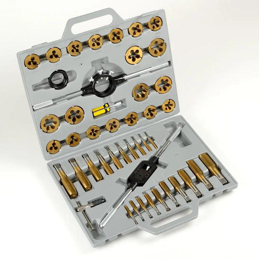A metal pipe threading set displayed in an open gray plastic case, featuring various drill bits, ream bits, a tap handle, and a tap on a white background.