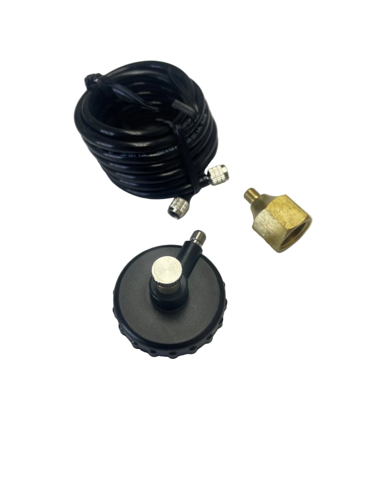 A coiled black cable with metal connectors and a round black magnetic base with a brass fitting, photographed on a plain light gray background.