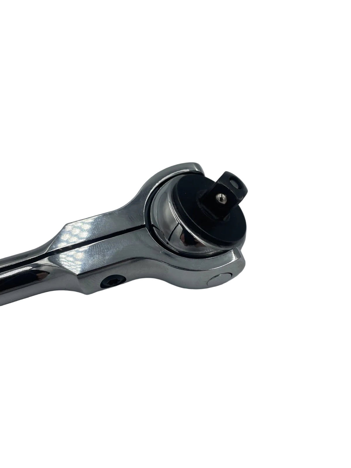 A close-up of a chrome ratchet wrench head with a black anodized lock nut, photographed on a plain light gray surface.