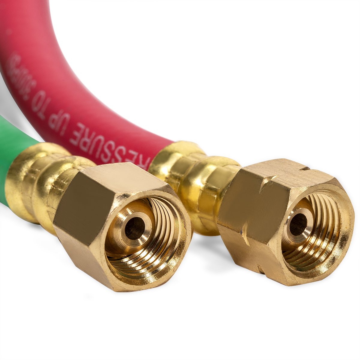 Two brass connectors with a red and green hose in the background