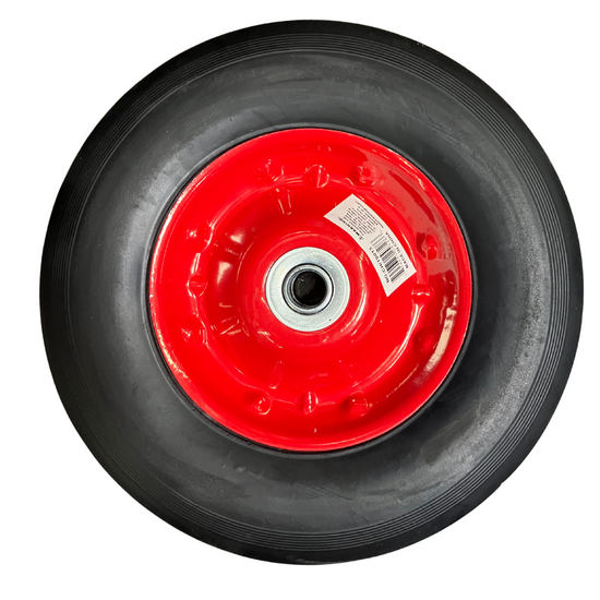 Black wheel with a red hub on a white background