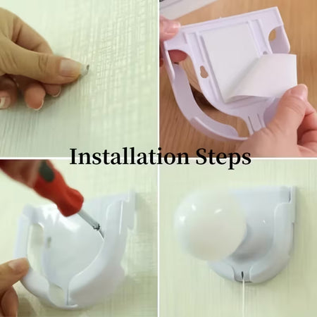 A four-panel installation guide showing a white wall-mounted light fixture being attached to a textured wall, with a hand peeling a backing sticker, a hand using a screwdriver to secure it, and the light bulb inserted. Large text in the center reads 'Installation Steps'.