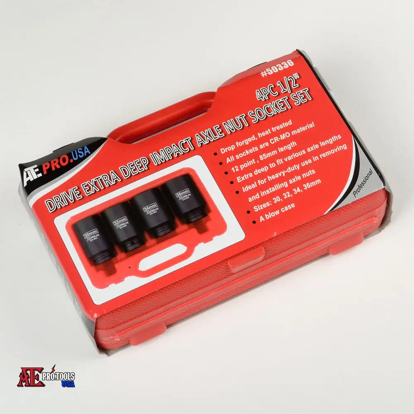 AE Pro USA 1/2" drive extra deep impact axle nut socket set in a red plastic case with four black sockets visible, photographed on a white background.