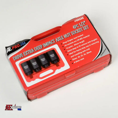 AE Pro USA 1/2" drive extra deep impact axle nut socket set in a red plastic case with four black sockets visible, photographed on a white background.