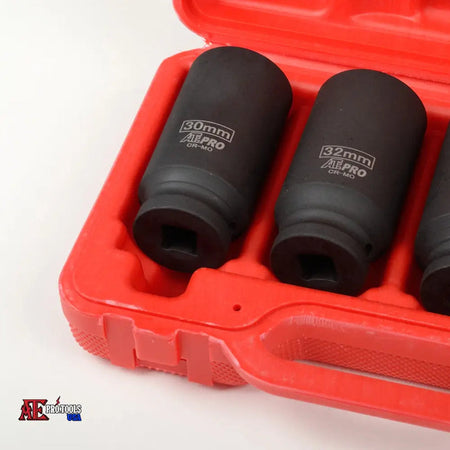 Black socket tools in a red plastic case on a white background. The sockets are labeled 30mm and 32mm A1PRO.