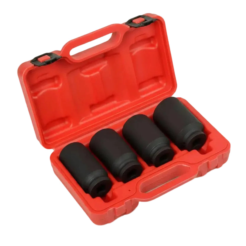 A set of four black socket extensions organized in a red plastic carrying case, photographed on a clean white background. A watermark logo for 'AK Electricians' is visible in the bottom-left corner.