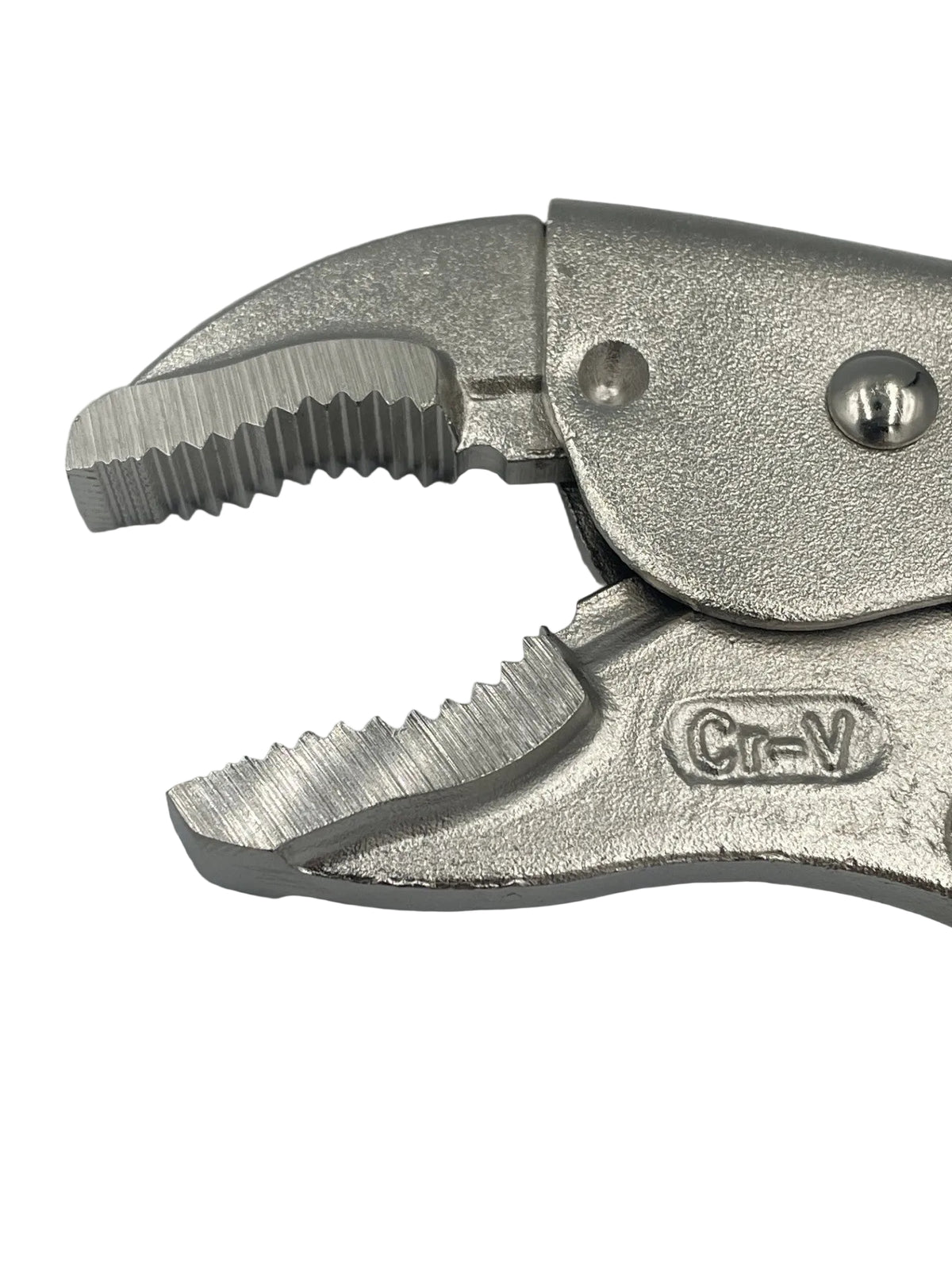 Close-up of a metallic adjustable wrench or locking pliers with serrated jaws and a visible 'Cr-V' stamp on the handle, photographed on a plain light background.