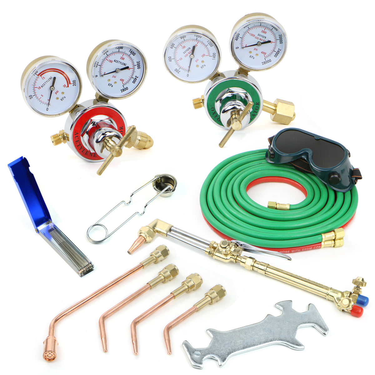 Collection of welding and cutting tools including hoses, regulators, and nozzles on a white background.