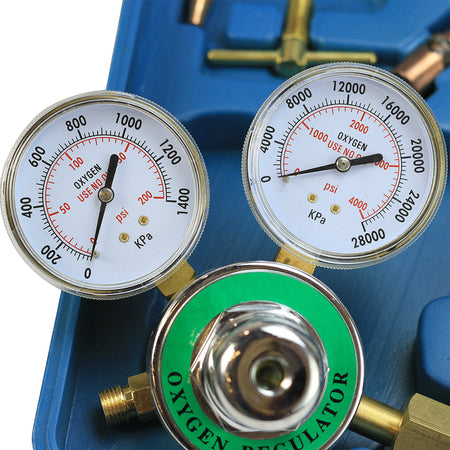 Oxygen regulator with two pressure gauges on a blue background