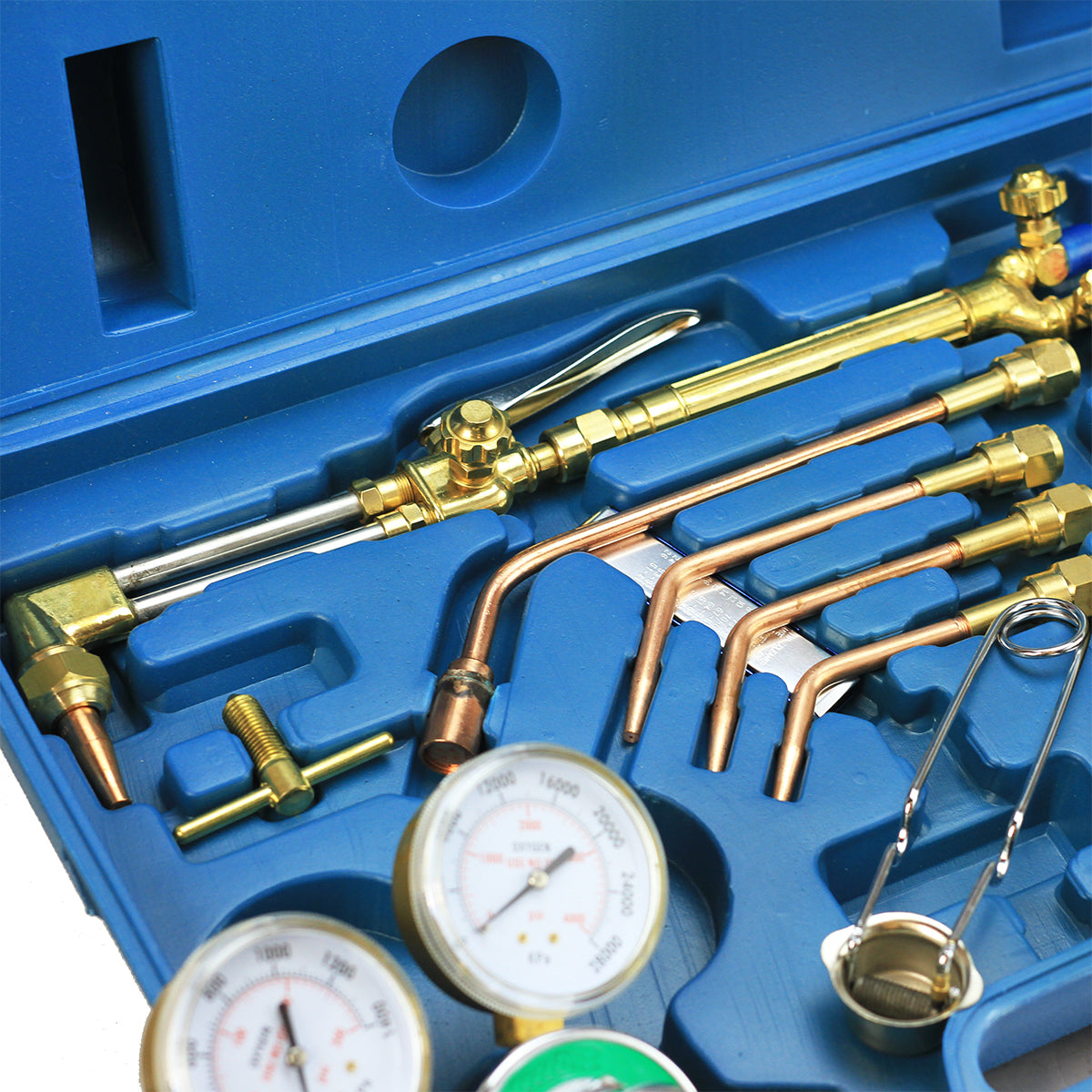 Set of welding torches and gauges in a blue case